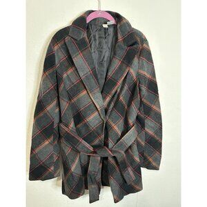 R.E.Q. Women’s Plaid Open Front Tie Waist Wool Blend Cardigan Sweater Sz Large